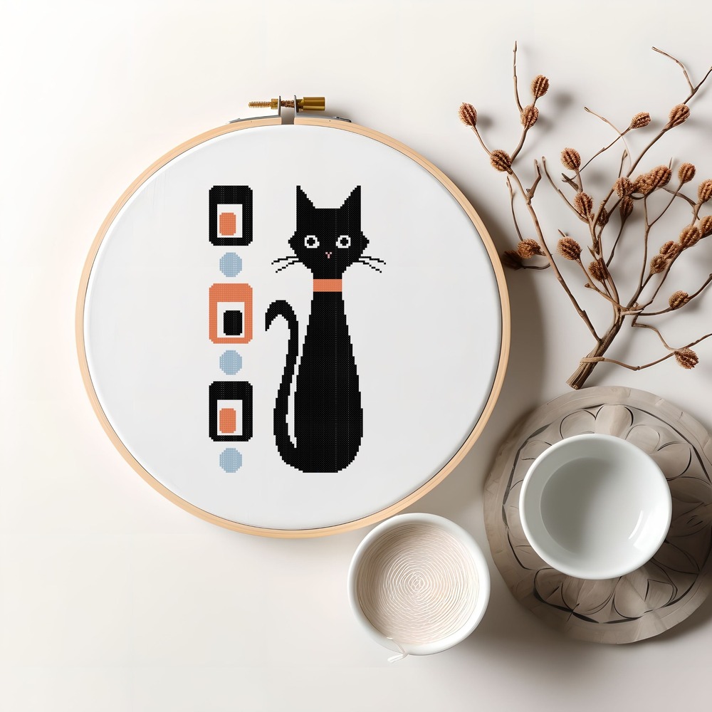 Atomic Black Cat Mid Century Art Counted Cross Stitch Pattern Leaflet Chart - Picture 2 of 5
